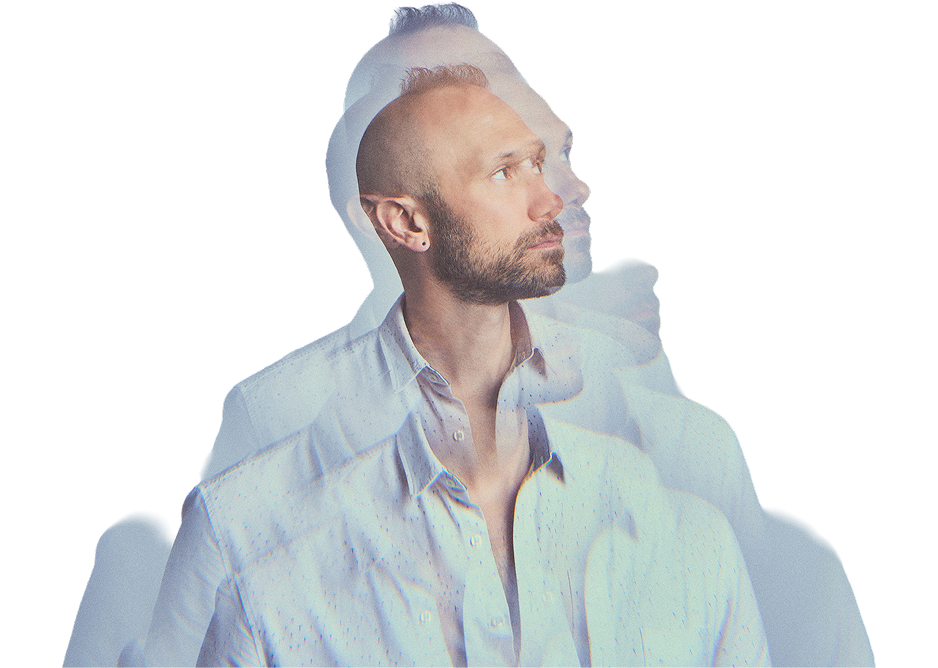 East Forest, a musician blending ambient and neoclassical sounds, with a soft focus and ethereal overlay, symbolising introspection and spirituality.